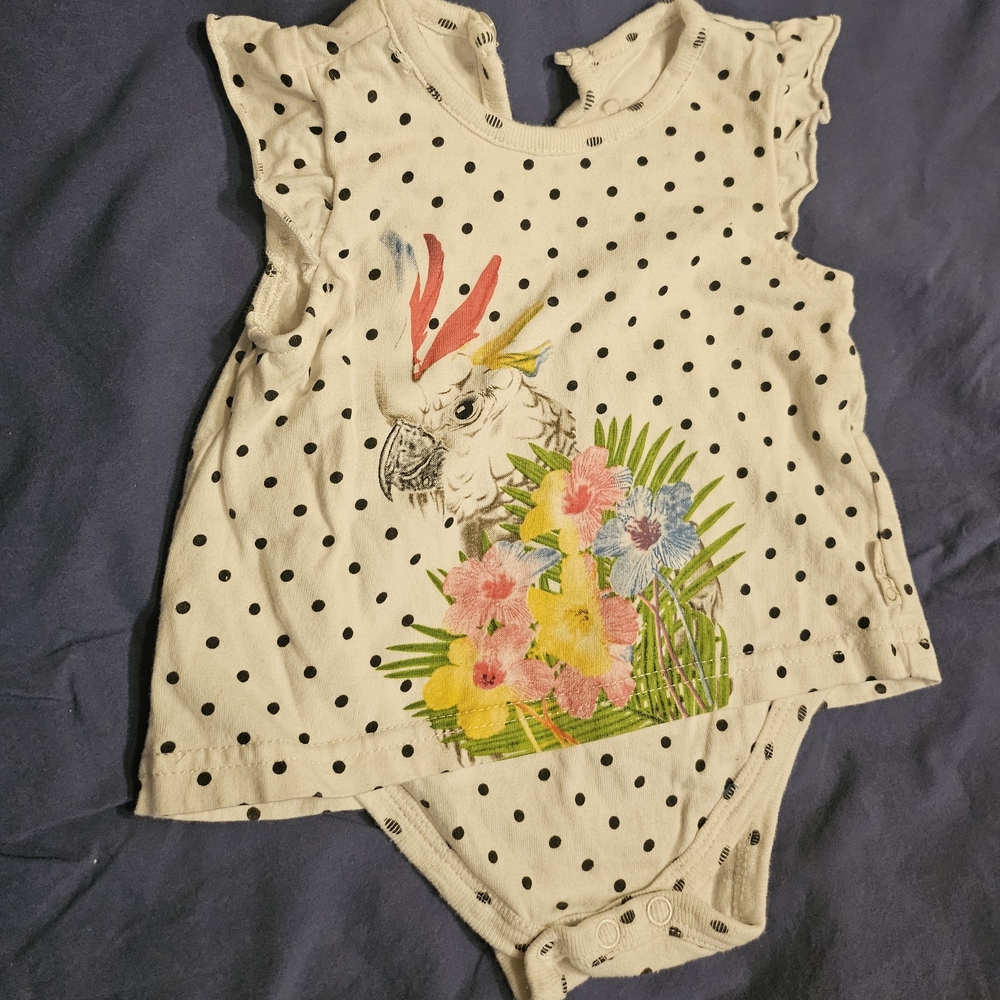Jessica Simpson White Polka Dot Parrot Bodysuit, 3/6mo